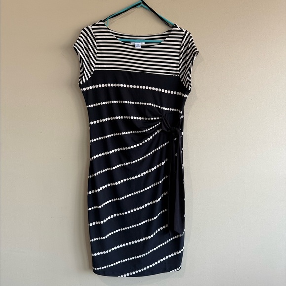 Motherhood Black and Tan Polka Dot Striped Maternity Dress - Picture 1 of 7